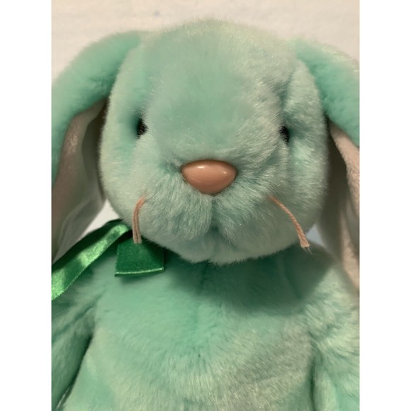 TY Beanie Buddy HIPPITY Green Easter Bunny Rabbit Pink Nose 14" Satin Bow - Picture 6 of 8